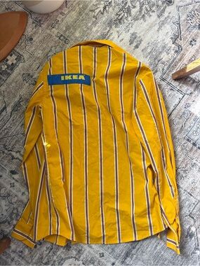 Vintage IKEA Employee Striped Button Down Shirt men’s Medium Yellow White Logo